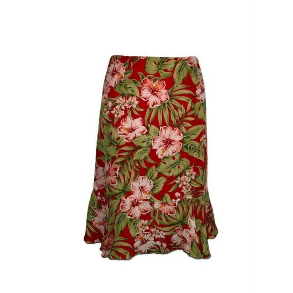 Floral Tropical Red SILK midi/knee skirt 8 Jones NY Frilly Trumpet
